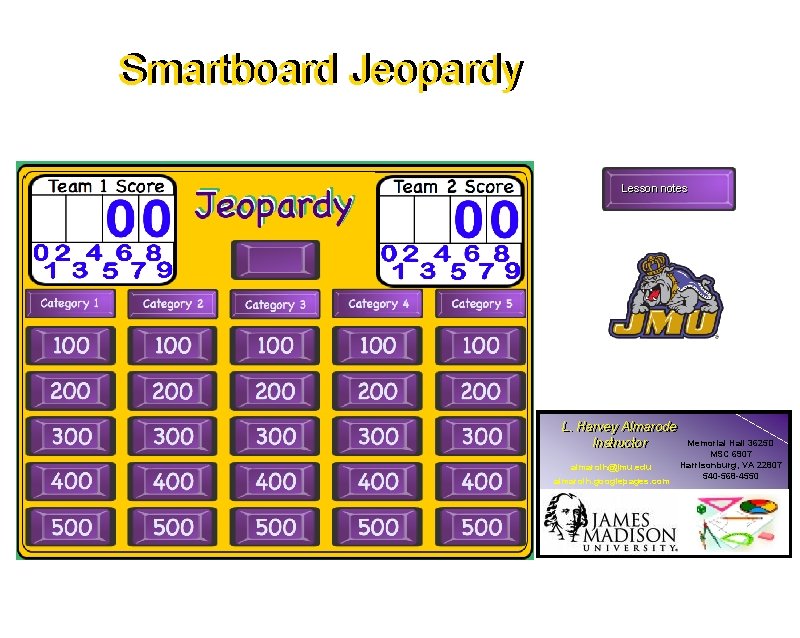 Smartboard Jeopardy Lesson notes L. L. Harvey Almarode Instructor almarolh@jmu. edu almarolh. googlepages. com