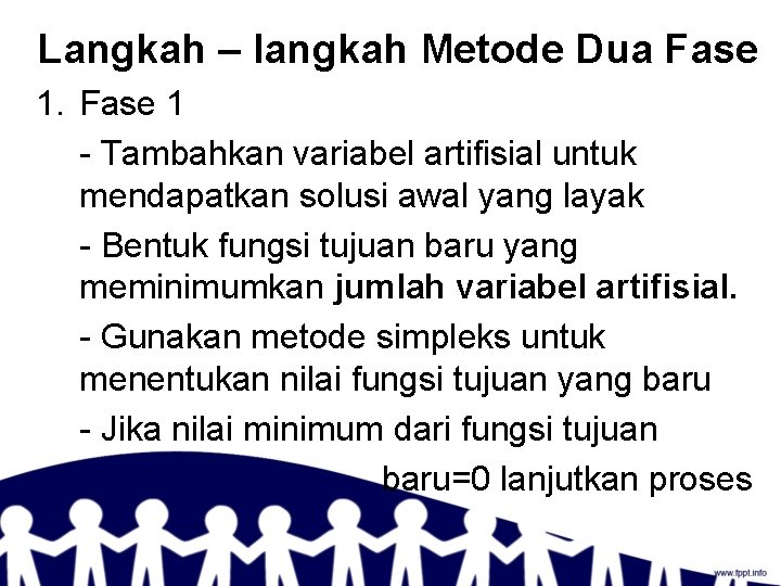 Langkah – langkah Metode Dua Fase 1 - Tambahkan variabel artifisial untuk mendapatkan solusi