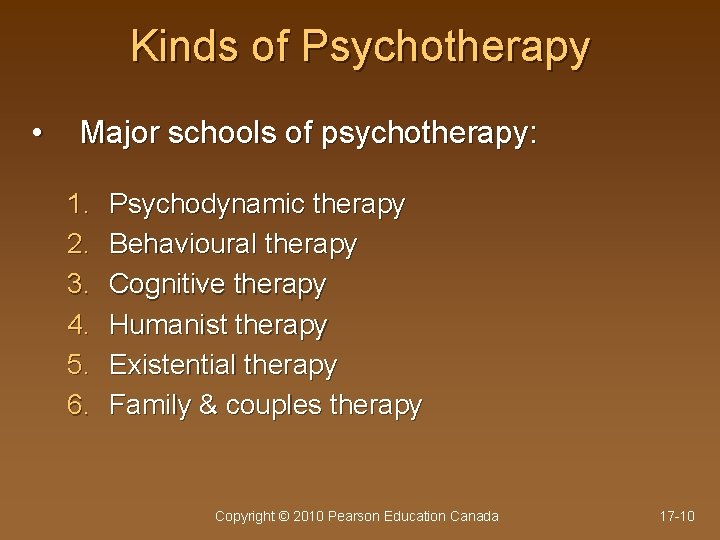 Kinds of Psychotherapy • Major schools of psychotherapy: 1. 2. 3. 4. 5. 6.