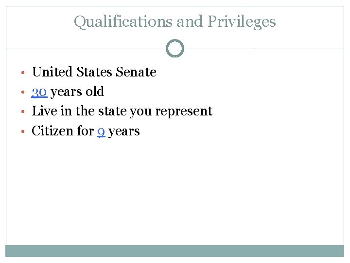 Qualifications and Privileges • United States Senate • 30 years old • Live in