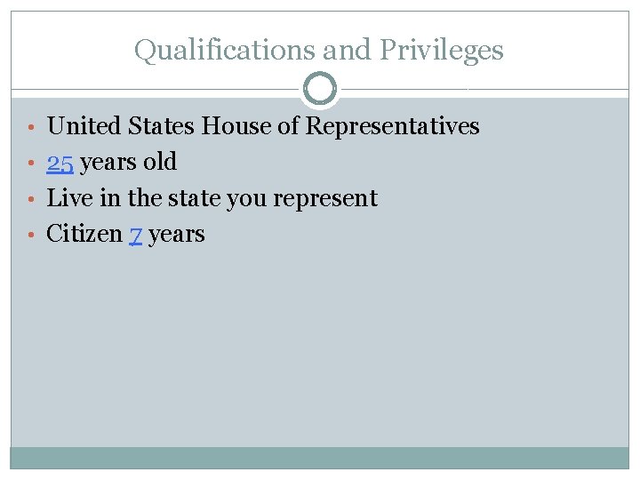 Qualifications and Privileges • United States House of Representatives • 25 years old •