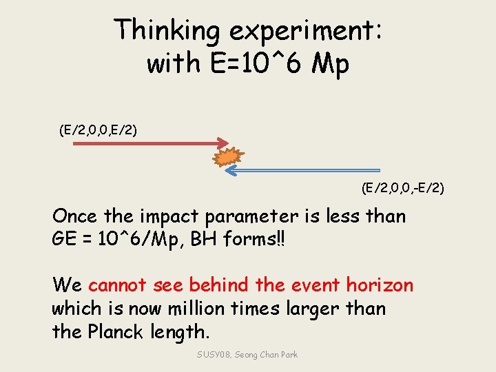 Thinking experiment: with E=10^6 Mp (E/2, 0, 0, E/2) (E/2, 0, 0, -E/2) Once