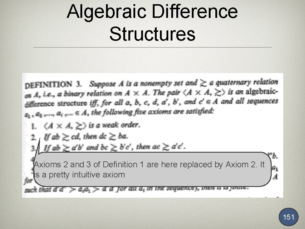 Algebraic Difference Structures Axioms 2 and 3 of Definition 1 are here replaced by