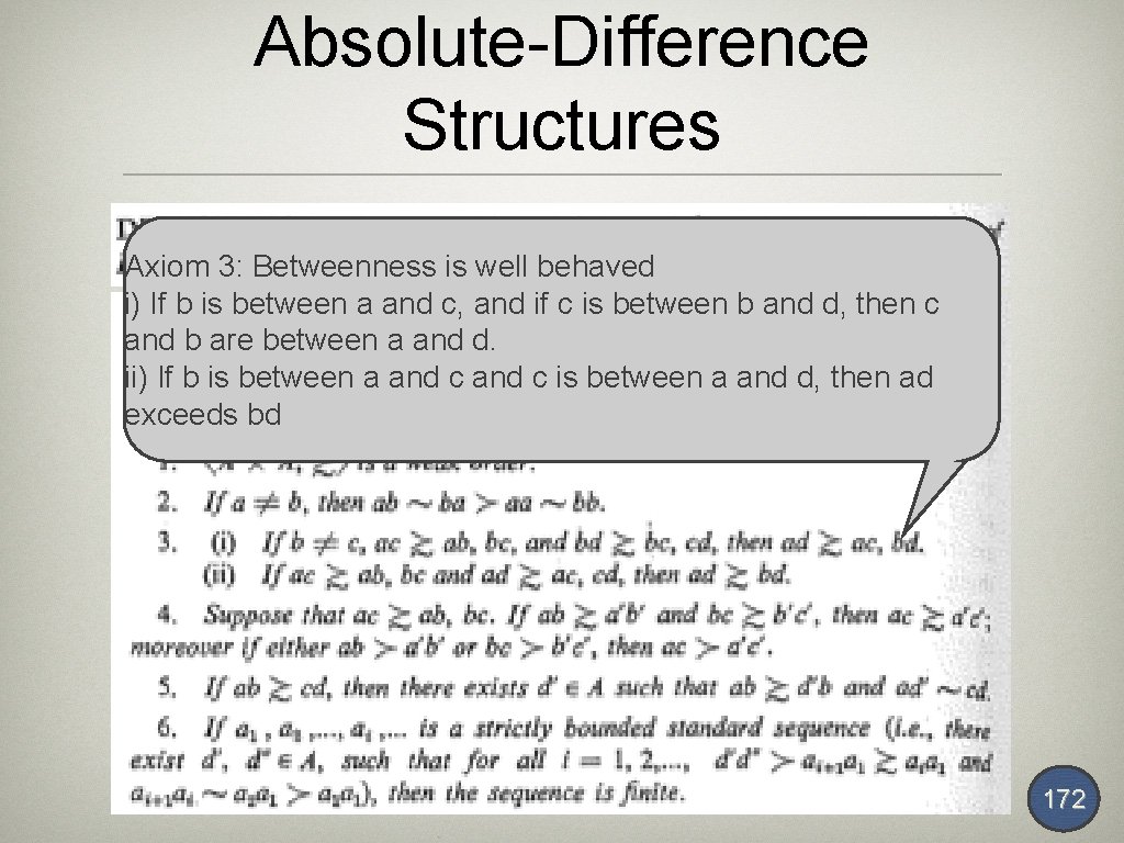 Absolute-Difference Structures Axiom 3: Betweenness is well behaved i) If b is between a