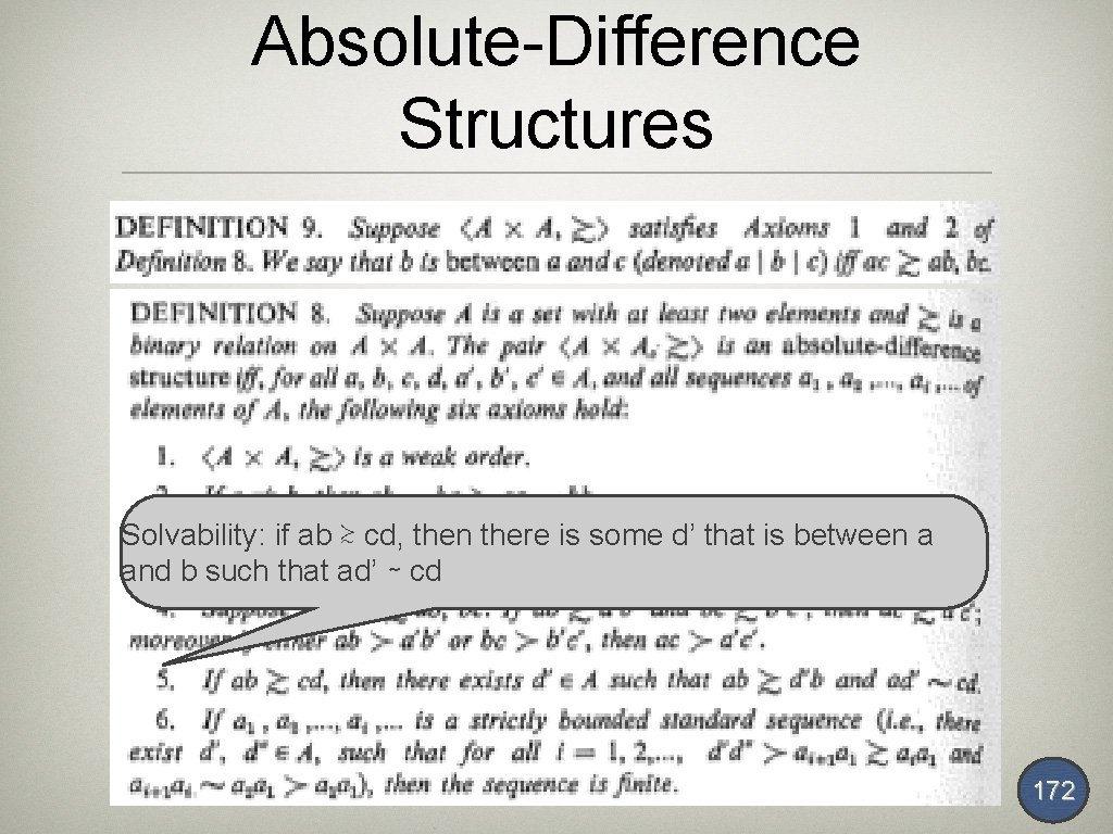 Absolute-Difference Structures Solvability: if ab ≿ cd, then there is some d’ that is