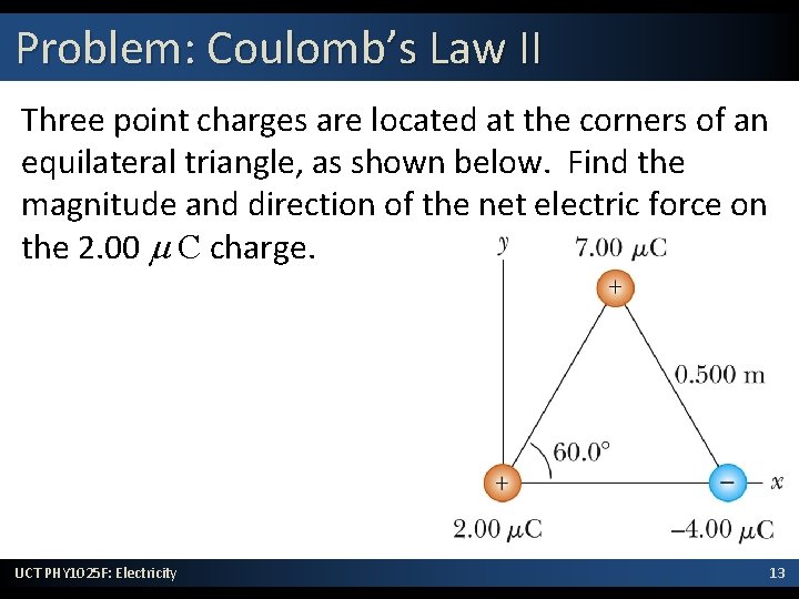 Problem: Coulomb’s Law II Three point charges are located at the corners of an