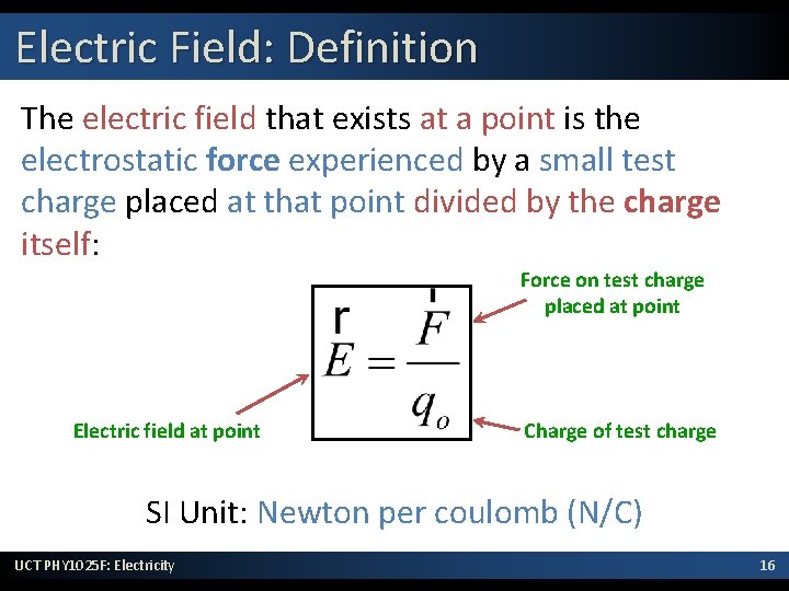 Electric Field: Definition The electric field that exists at a point is the electrostatic