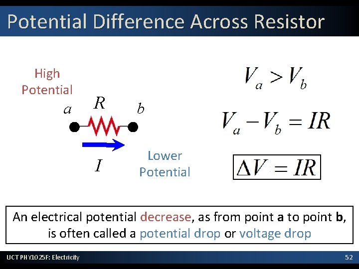 Potential Difference Across Resistor High Potential a R b I Lower Potential An electrical