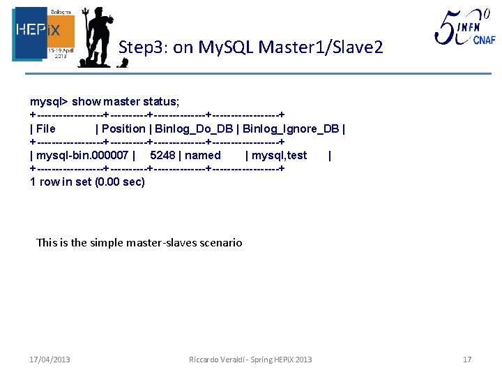 Step 3: on My. SQL Master 1/Slave 2 mysql> show master status; +---------+--------------+---------+ |