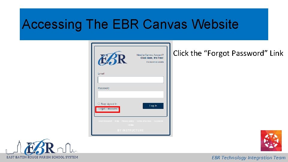 Accessing The EBR Canvas Website • Click the “Forgot Password” Link EBR Technology Integration