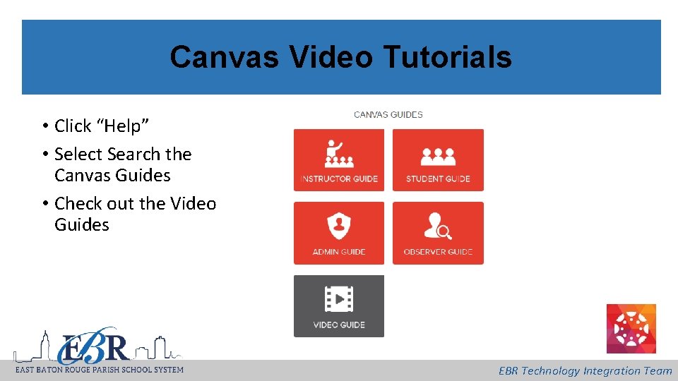 Canvas Video Tutorials • Click “Help” • Select Search the Canvas Guides • Check