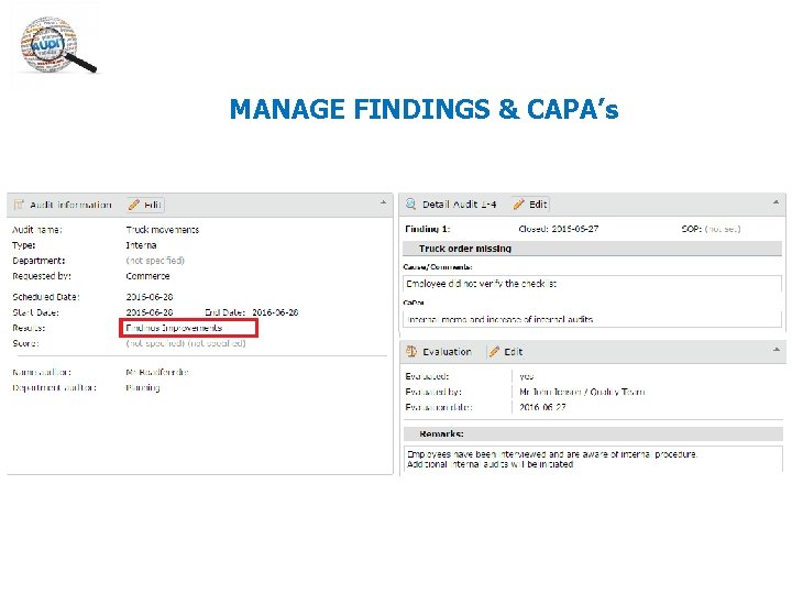 MANAGE FINDINGS & CAPA’s MANAGE FINDINGS & CAPA’s
