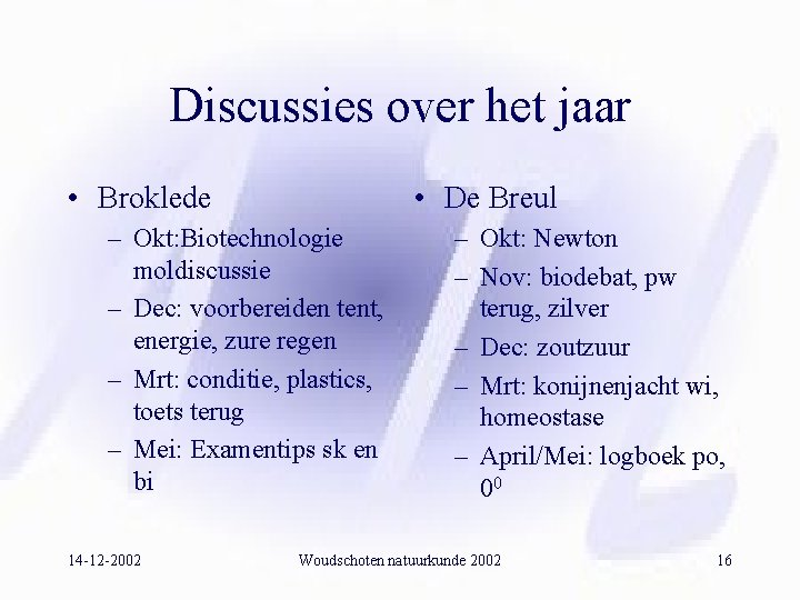 Discussies over het jaar • Broklede • De Breul – Okt: Biotechnologie moldiscussie –