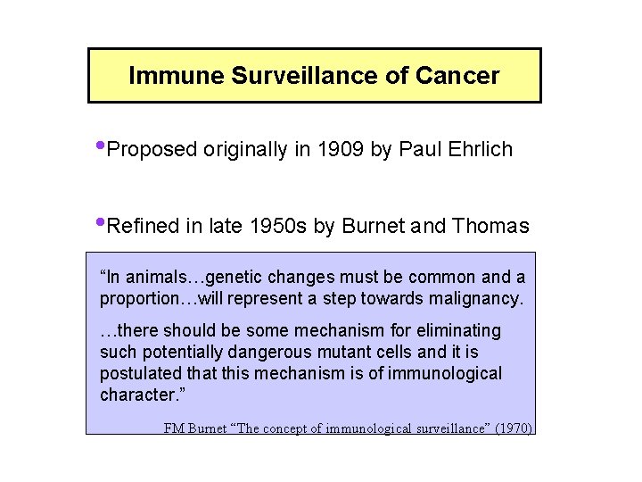 Immune Surveillance of Cancer • Proposed originally in 1909 by Paul Ehrlich • Refined