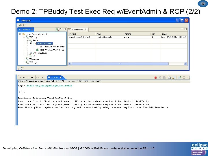 15 Demo 2: TPBuddy Test Exec Req w/Event. Admin & RCP (2/2) Developing Collaborative