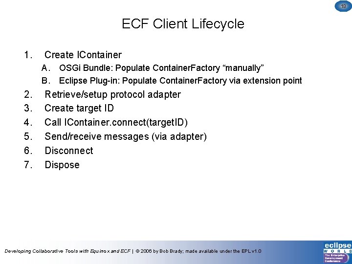 18 ECF Client Lifecycle 1. Create IContainer A. B. 2. 3. 4. 5. 6.