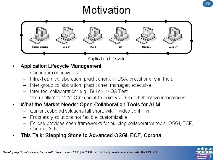 3 Motivation Requirements Design Build Test Manage Support Application Lifecycle • Application Lifecycle Management