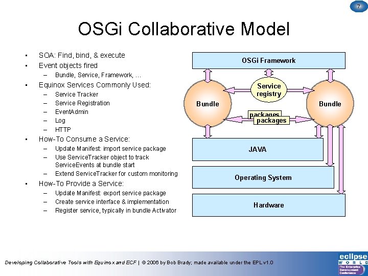 7 OSGi Collaborative Model • • SOA: Find, bind, & execute Event objects fired