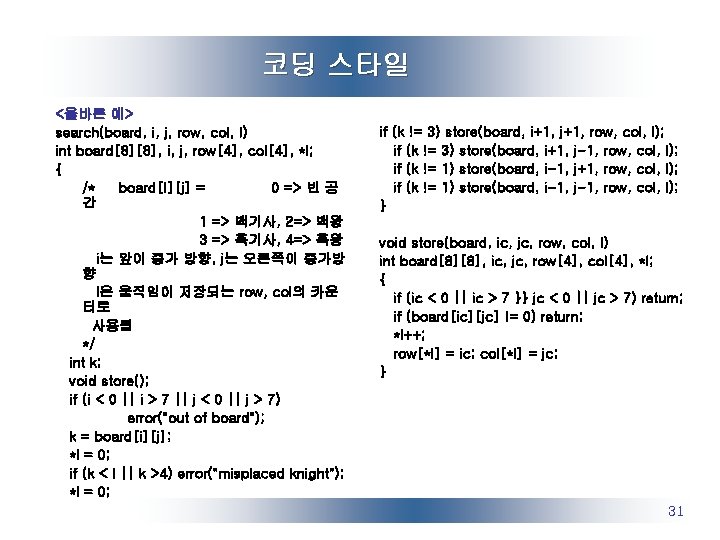 코딩 스타일 <올바른 예> search(board, i, j, row, col, l) int board[8][8], i, j,