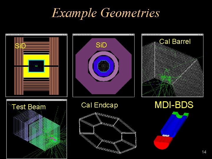 Example Geometries Si. D Test Beam Si. D Cal Barrel Cal Endcap MDI-BDS 14
