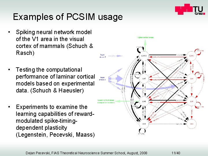 Examples of PCSIM usage • Spiking neural network model of the V 1 area