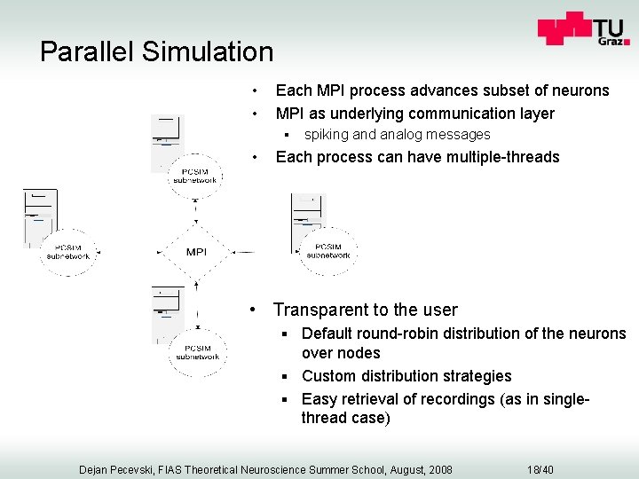Parallel Simulation • • Each MPI process advances subset of neurons MPI as underlying
