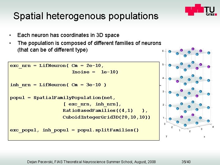 Spatial heterogenous populations • • Each neuron has coordinates in 3 D space The