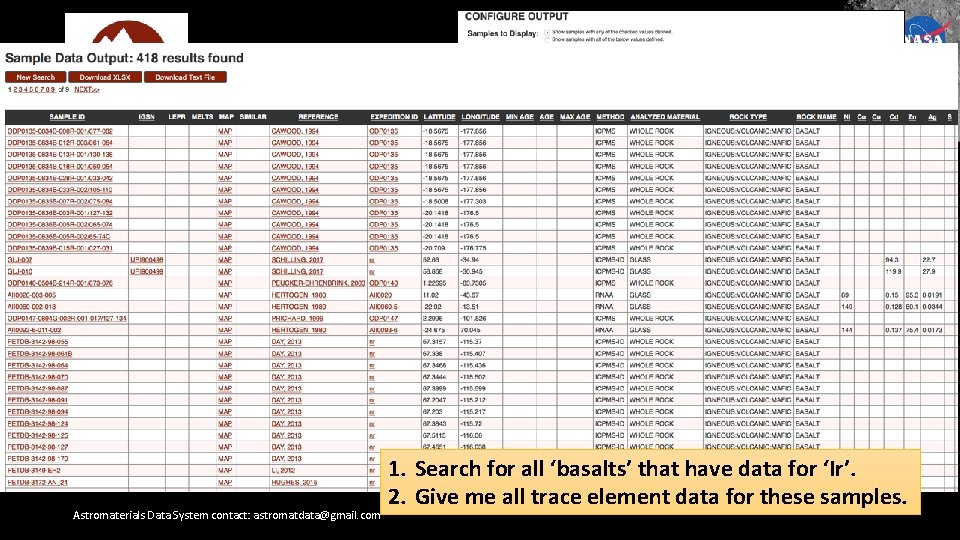 Astromaterials Data System contact: astromatdata@gmail. com 1. Search for all ‘basalts’ that have data