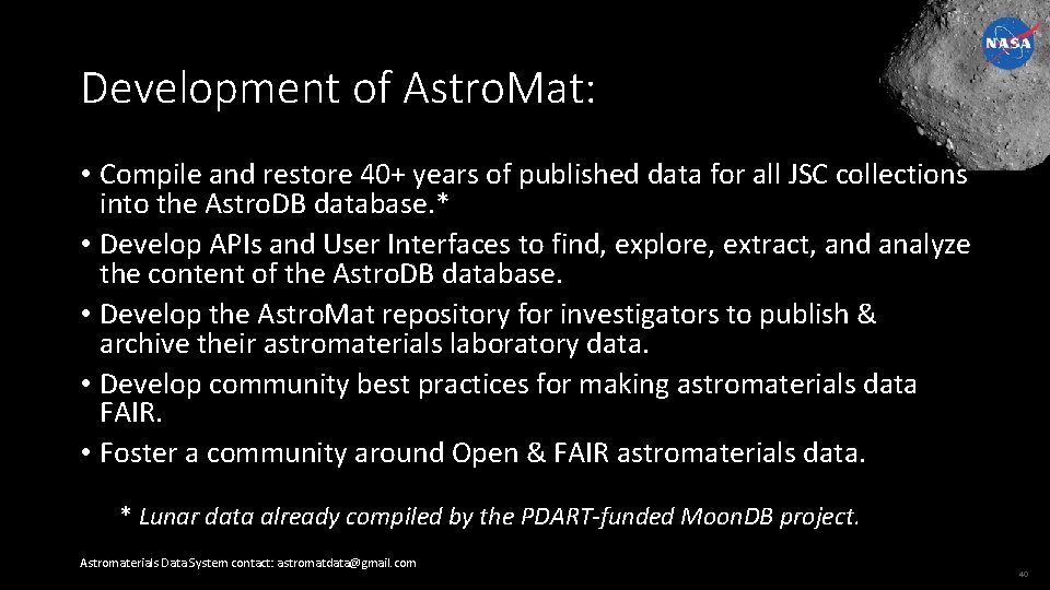 Development of Astro. Mat: • Compile and restore 40+ years of published data for