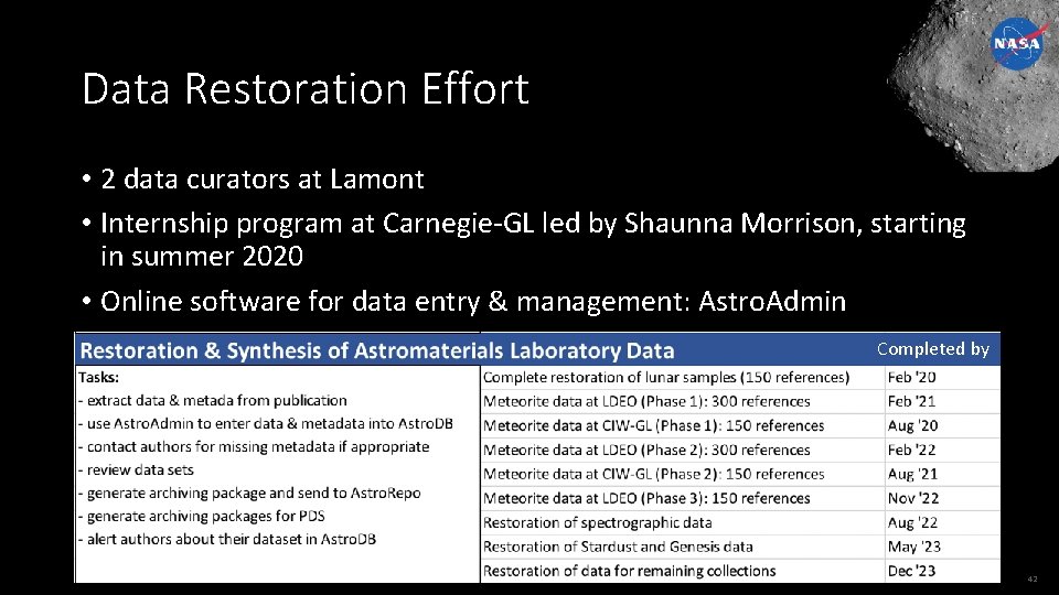 Data Restoration Effort • 2 data curators at Lamont • Internship program at Carnegie-GL