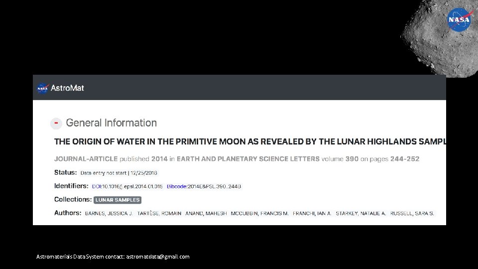 Astromaterials Data System contact: astromatdata@gmail. com 