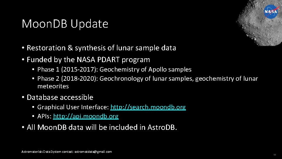 Moon. DB Update • Restoration & synthesis of lunar sample data • Funded by