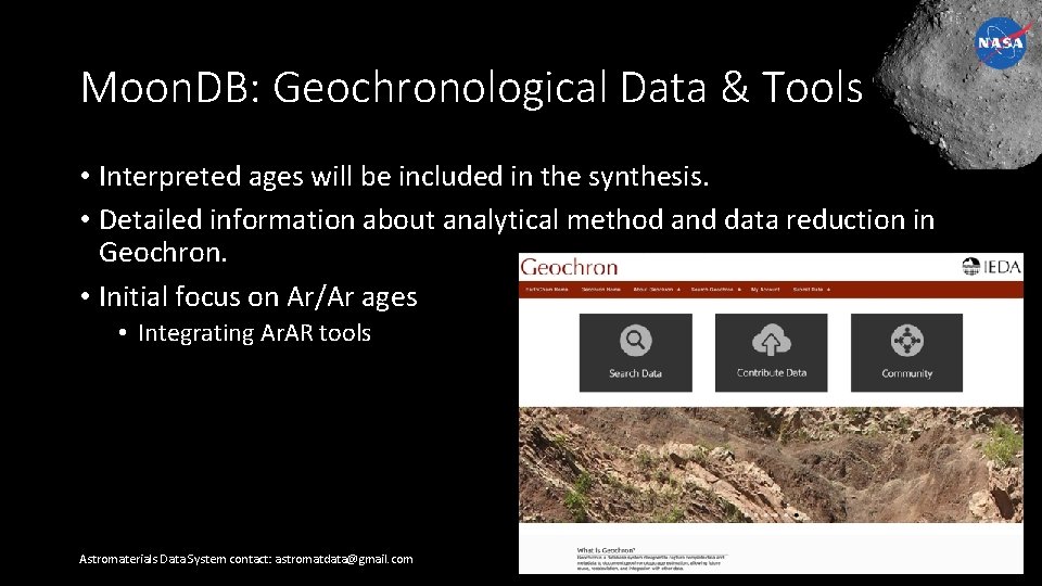 Moon. DB: Geochronological Data & Tools • Interpreted ages will be included in the