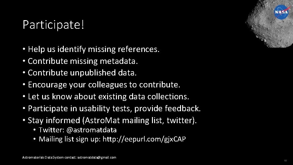 Participate! • Help us identify missing references. • Contribute missing metadata. • Contribute unpublished