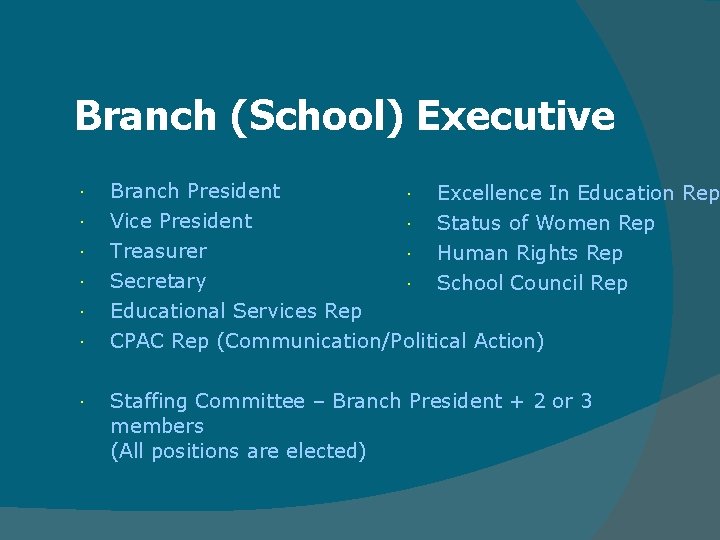 Branch (School) Executive Branch President Vice President Excellence In Education Rep Treasurer Secretary Status Branch (School) Executive Branch President Vice President Excellence In Education Rep Treasurer Secretary Status