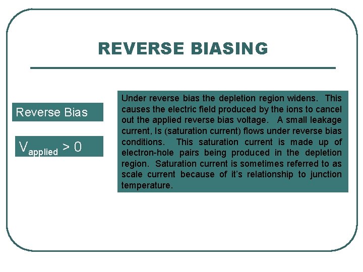 REVERSE BIASING Reverse Bias Vapplied > 0 Under reverse bias the depletion region widens.