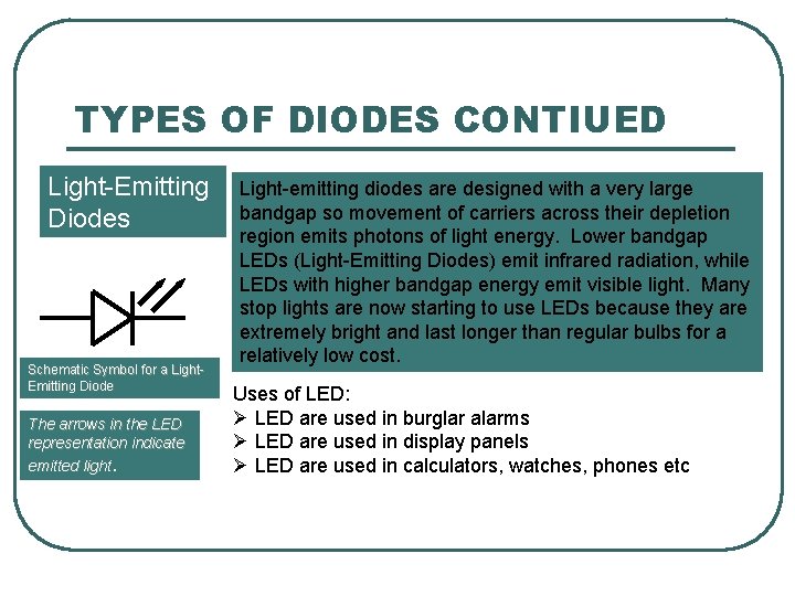 TYPES OF DIODES CONTIUED Light-Emitting Diodes Schematic Symbol for a Light. Emitting Diode The