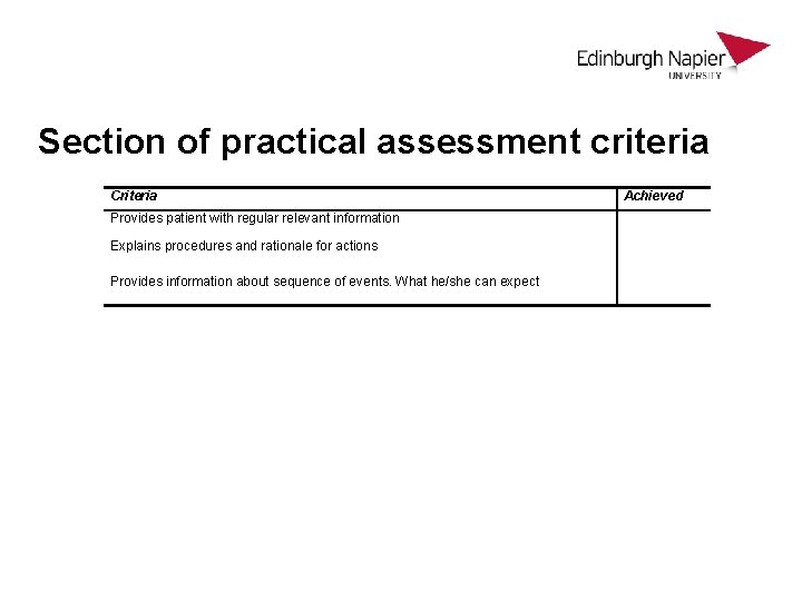 Section of practical assessment criteria Criteria Provides patient with regular relevant information Explains procedures