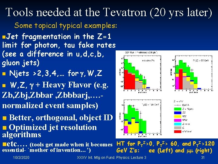 Tools needed at the Tevatron (20 yrs later) Some topical typical examples: n. Jet