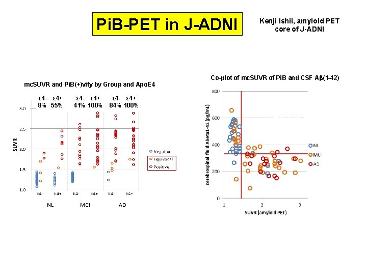 Pi. B-PET in J-ADNI mc. SUVR and Pi. B(+)vity by Group and Apo. E