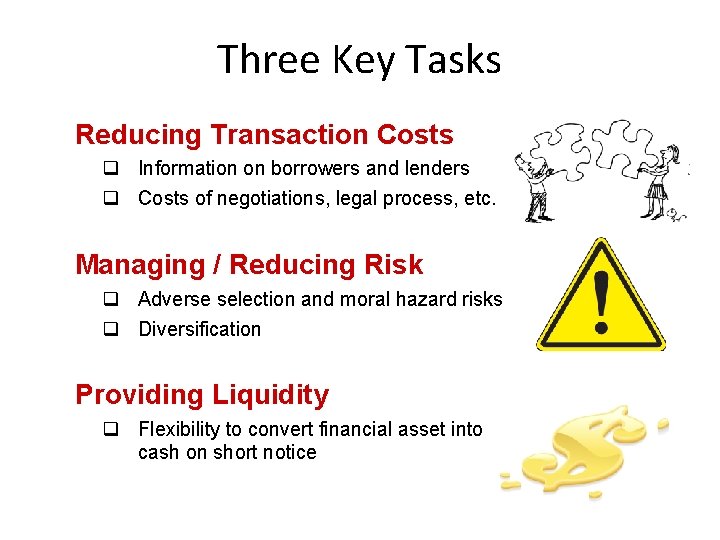 Three Key Tasks Reducing Transaction Costs q Information on borrowers and lenders q Costs