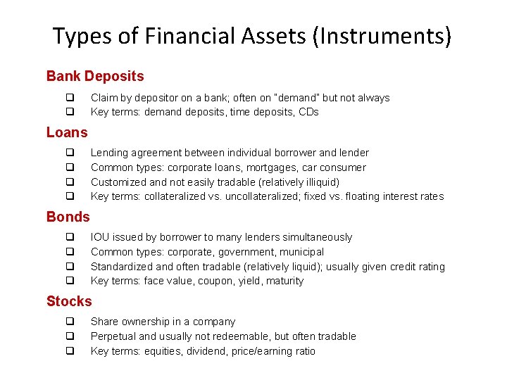 Types of Financial Assets (Instruments) Bank Deposits q q Claim by depositor on a