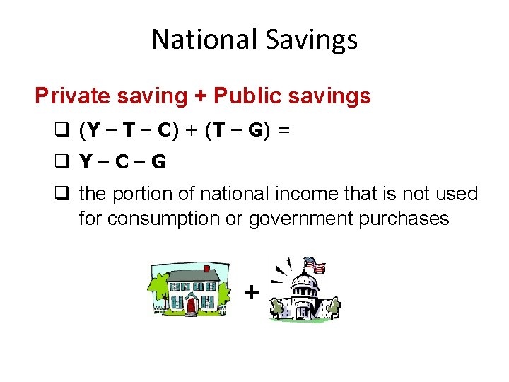 National Savings Private saving + Public savings q (Y – T – C) +