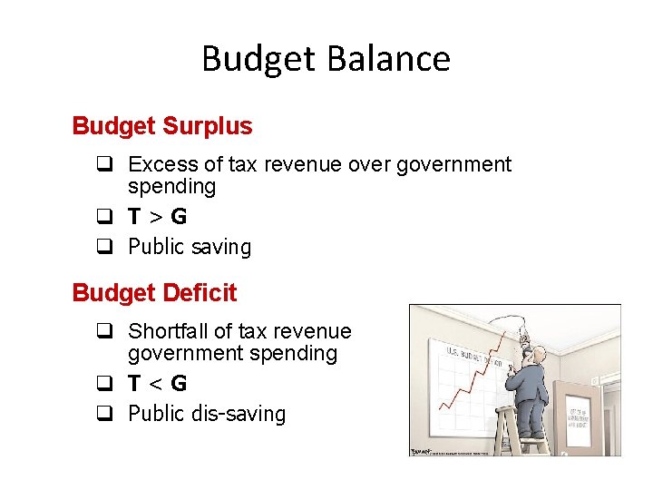 Budget Balance Budget Surplus q Excess of tax revenue over government spending q T>G