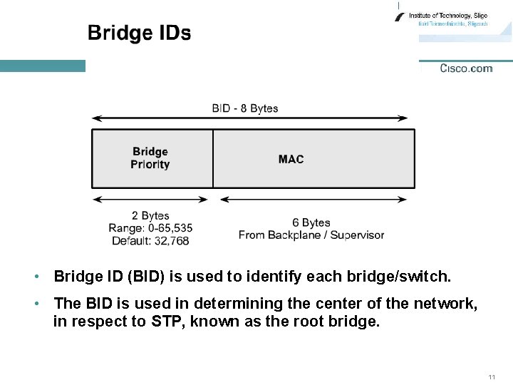  • Bridge ID (BID) is used to identify each bridge/switch. • The BID
