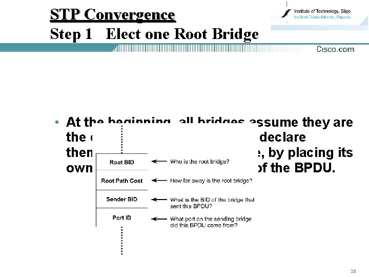 STP Convergence Step 1 Elect one Root Bridge • At the beginning, all bridges