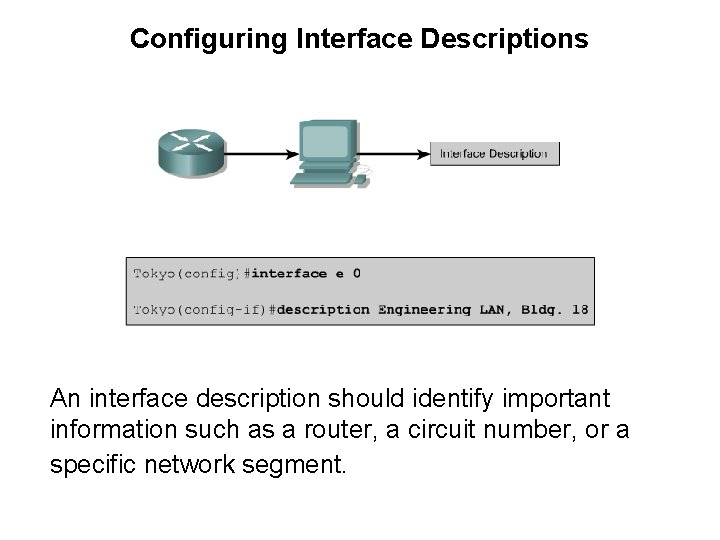 Configuring Interface Descriptions An interface description should identify important information such as a router,