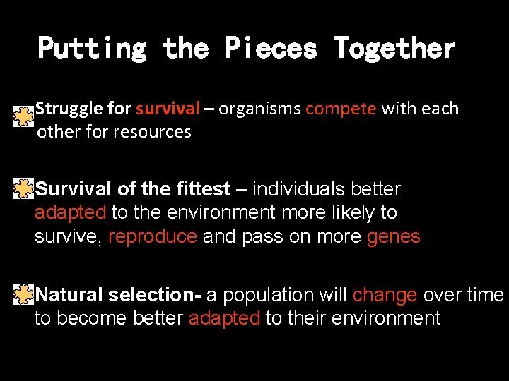 Putting the Pieces Together Struggle for survival – organisms compete with each other for Putting the Pieces Together Struggle for survival – organisms compete with each other for