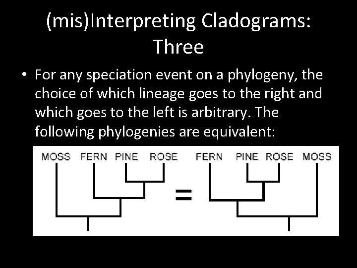 (mis)Interpreting Cladograms: Three • For any speciation event on a phylogeny, the choice of (mis)Interpreting Cladograms: Three • For any speciation event on a phylogeny, the choice of