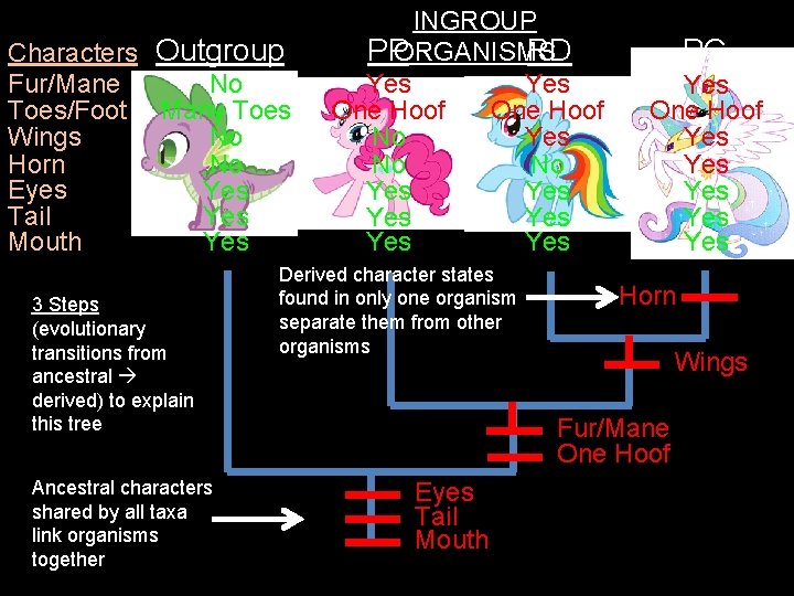 Characters Outgroup Fur/Mane No Toes/Foot Many Toes Wings No Horn No Eyes Yes Tail Characters Outgroup Fur/Mane No Toes/Foot Many Toes Wings No Horn No Eyes Yes Tail